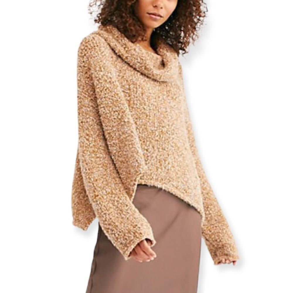 Free People Tan Cowl-Neck Knit Boxy Oversized BFF Sweater Size Small